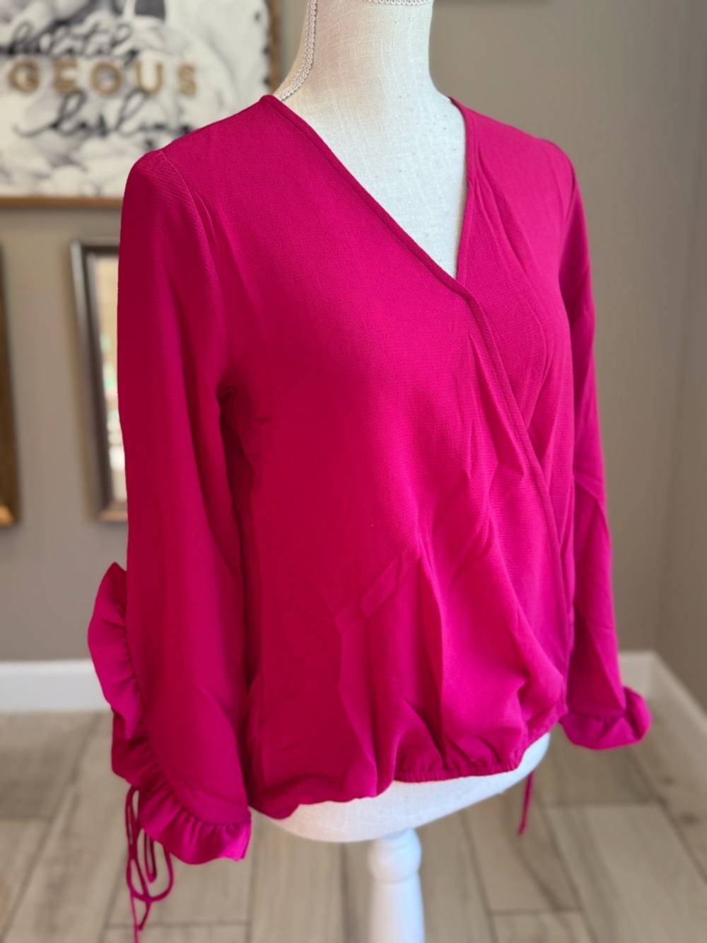 Bob Mackie Bright Fuchsia Ruffle Sleeve Wrap Blouse